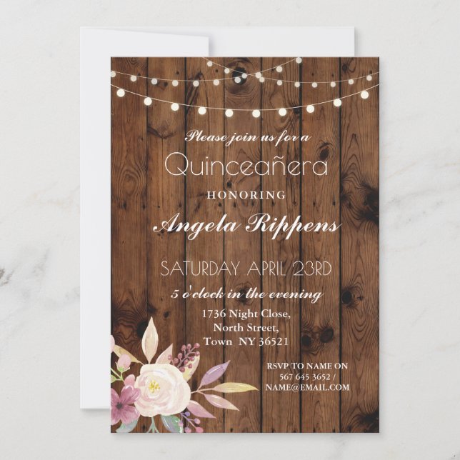 Birthday Rustic Wood Quinceanera Flower Invite 15 (Front)