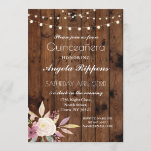Birthday Rustic Wood Quinceanera Flower Invite 15