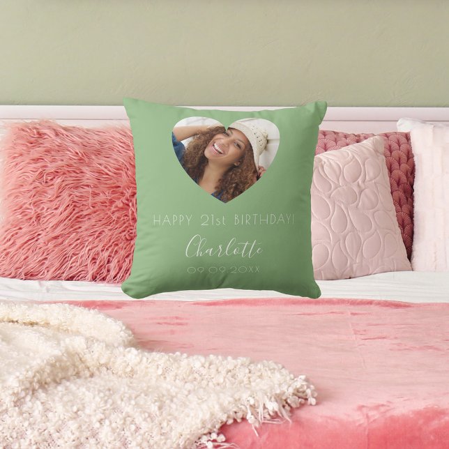 Birthday sage green photo name script cushion (Creator Uploaded)