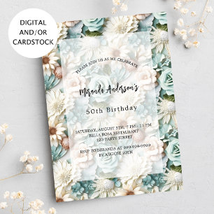 Birthday sage green white flowers invitation