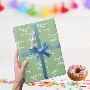 Birthday sage green white name wrapping paper