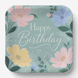 Birthday Sage Green Wildflower Watercolor Paper Plate