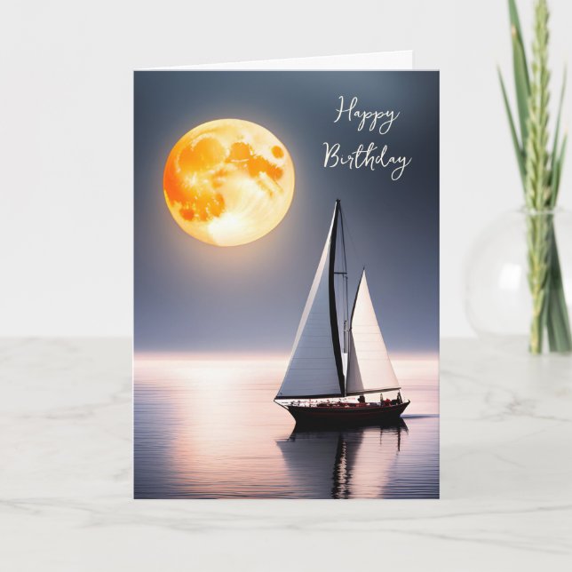 Birthday Sailboat In Moonlight Card (Front)