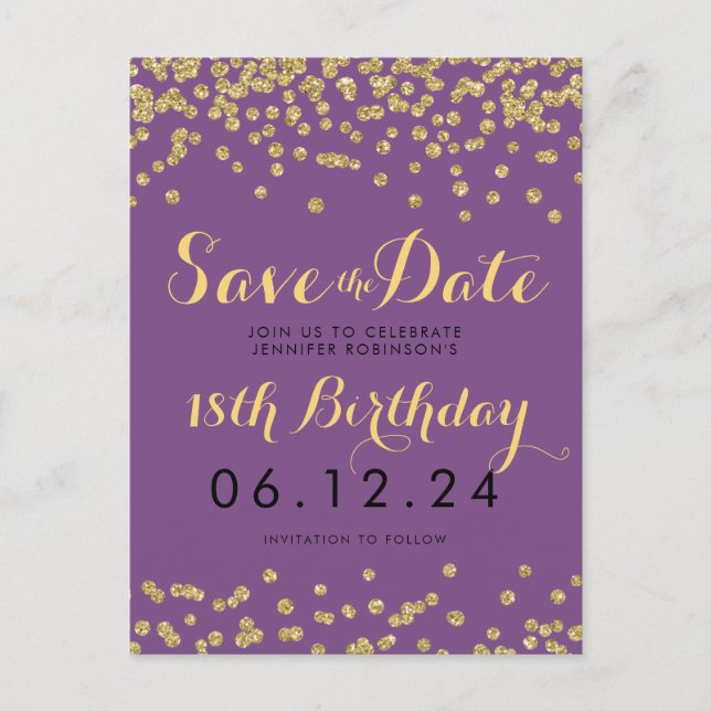 Birthday Save Date Gold Glitter Confetti Purple Announcement Postcard (Front)