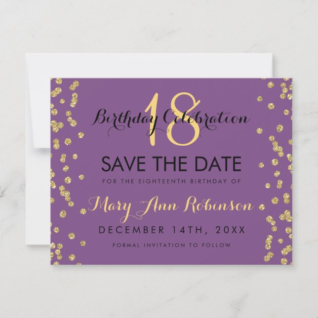 Birthday Save Date Gold Glitter Confetti Purple Save The Date (Front)