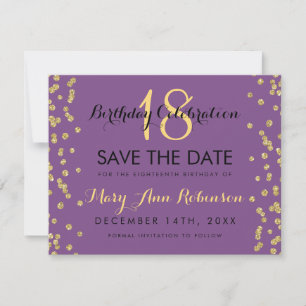 Birthday Save Date Gold Glitter Confetti Purple Save The Date