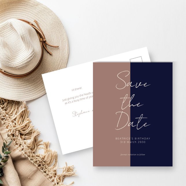 Birthday Save the Date Card Mocha & Navy  (Mocha and Navy Save the Date Card)