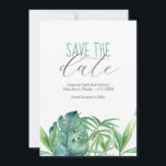 Birthday Save The Date Cards Tropical Theme<br><div class="desc">These birthday save the date cards feature a bottom boarder of lush watercolor tropical palm leaves. The words "Save the Date" are typeset in charcoal grey over a crisp white background. Use the template fields to add you custom details. The card reverses to a matching turquoise blue colour. Can be...</div>