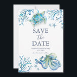 Birthday Save The Date Cards Under the Sea<br><div class="desc">These birthday save the date cards feature a boarder of a blue ocean creatures. The words "Save the Date" are typeset in navy blue over a crisp white background. Use the template fields to add you custom details. The card reverses to a matching colour. A charming choice for under the...</div>