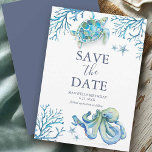 Birthday Save The Date Cards Under the Sea<br><div class="desc">These birthday save the date cards feature a boarder of a blue ocean creatures. The words "Save the Date" are typeset in navy blue over a crisp white background. Use the template fields to add you custom details. The card reverses to a matching colour. A charming choice for under the...</div>