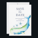 Birthday Save The Date Cards Whale<br><div class="desc">These birthday save the date cards feature a bottom boarder of a blue whale and starfish. The words "Save the Date" are typeset in navy blue over a crisp white background. Use the template fields to add you custom details. The card reverses to a matching colour. A charming choice for...</div>