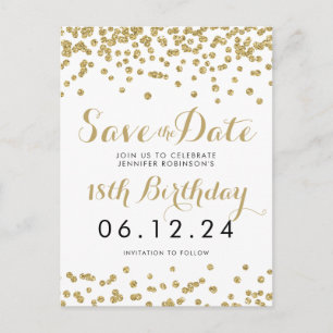 Birthday Save the Date Gold Glitter Confetti White Announcement Postcard