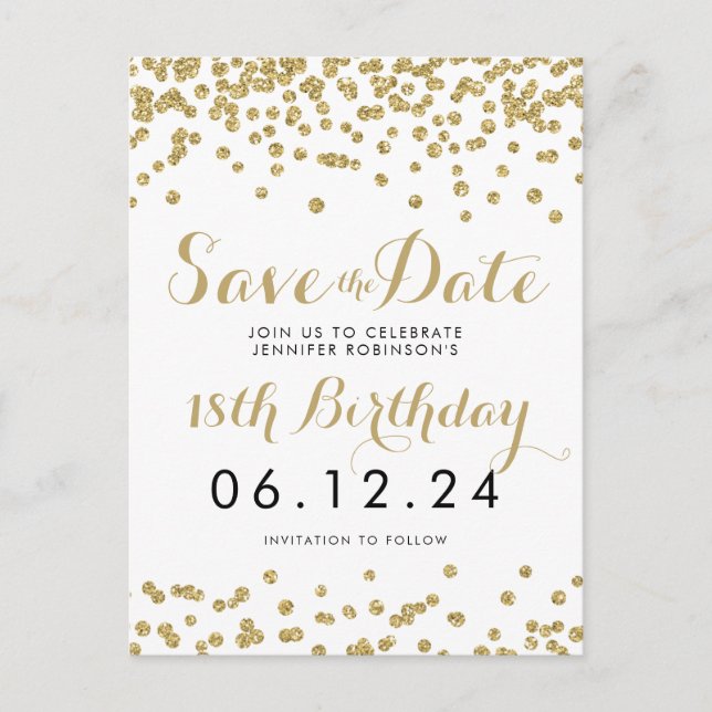 Birthday Save the Date Gold Glitter Confetti White Announcement Postcard (Front)