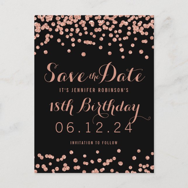 Birthday Save the Date Rose Gold Glitter Confetti Announcement Postcard (Front)