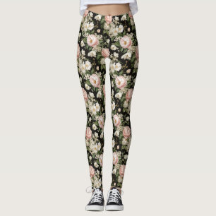 Birthday Seamless Pink and White Peony Floral Leggings