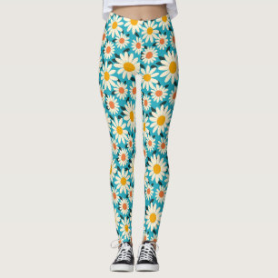 Birthday Seamless White and Orange Daisy Flower Leggings