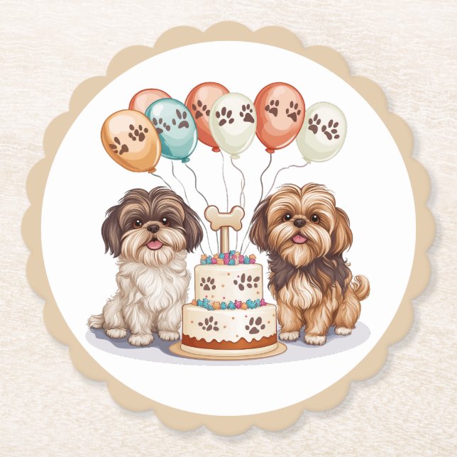 Birthday Shih Tzu Dogs Birthday Cake Paper Coaster (Front)