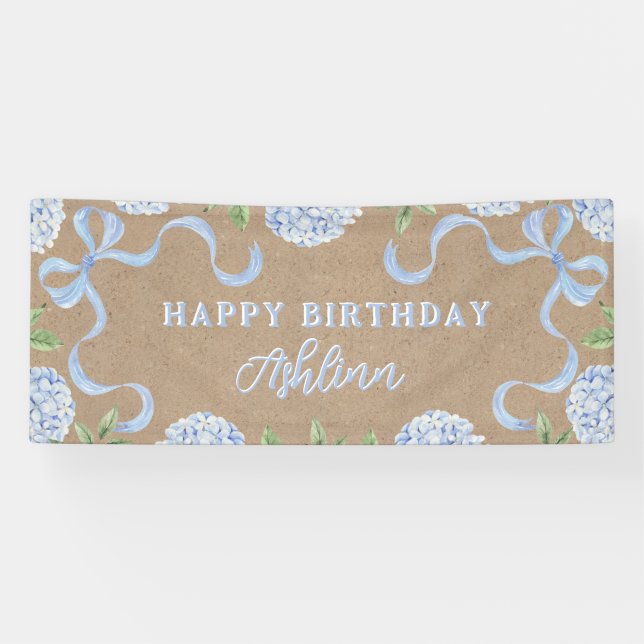 Birthday Sign, Kraft Coloured Blue Hydranagea Banner (Horizontal)