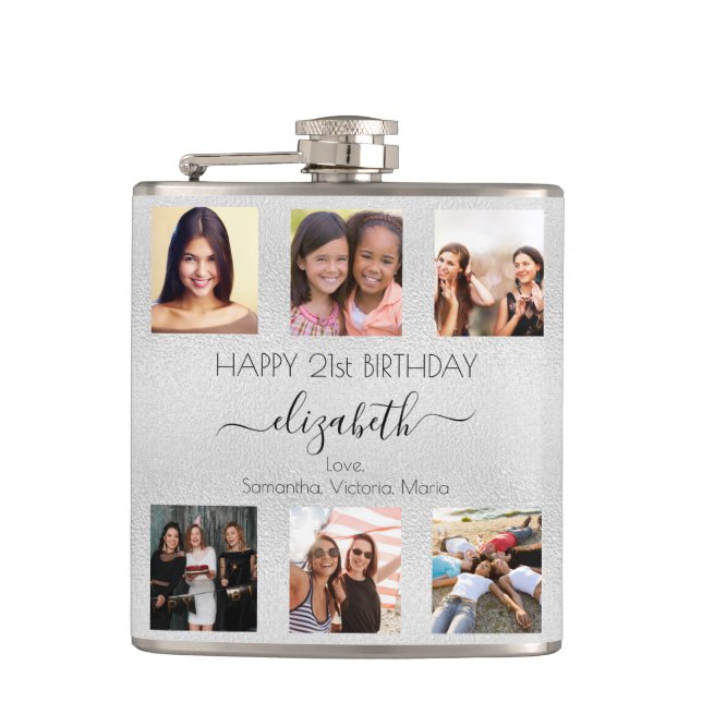Birthday silver best friends photo names hip flask (Front)