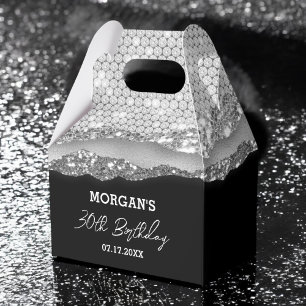 Birthday Silver Black Glitter Name Thank You Favour Box