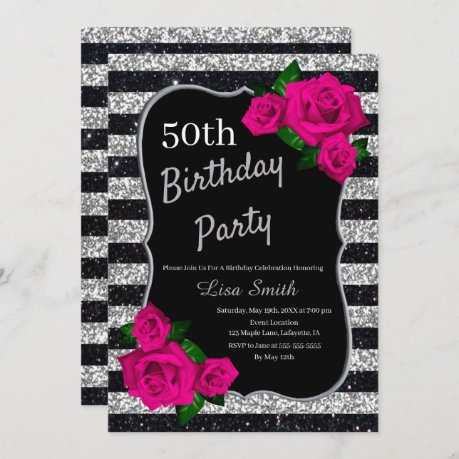 Birthday Silver Black Stripes Glitter Pink Roses Invitation (Front/Back)