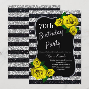 Birthday Silver Black Stripes Glitter Yellow Roses Invitation
