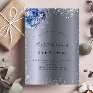 Birthday silver blue florals glitter elegant invitation