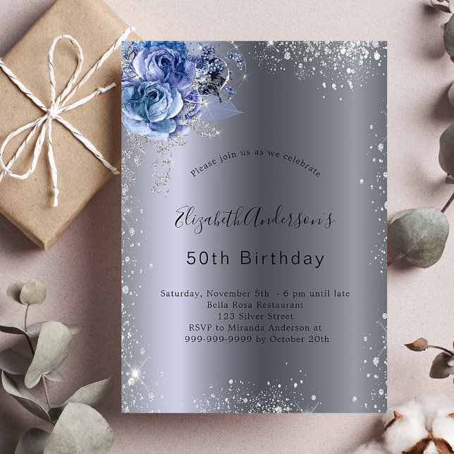 Birthday silver blue florals glitter elegant invitation (Creator Uploaded)