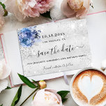 Birthday silver blue florals script save the date announcement postcard<br><div class="desc">A girly and trendy Save the Date for a 50th (or any age) birthday party. A classic faux silver metallic looking background decorated with faux silver glitter dust and blue flowers. Personalise and add a date and name/age. The text: Save the Date is written with a large trendy hand lettered...</div>