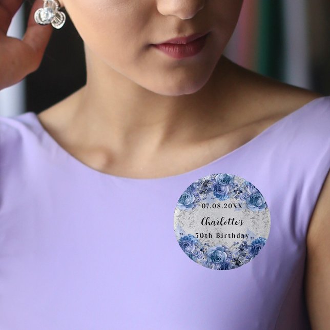Birthday silver blue flowers 3 cm round badge (Save the Date and keepsake!
)