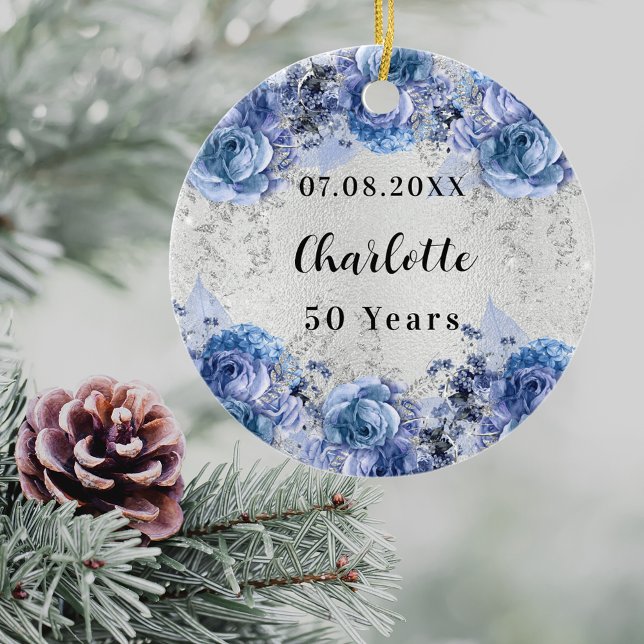 Birthday silver blue flowers ceramic ornament (For both birthday party table decor and for decorating the Christmas tree as a keepsake)