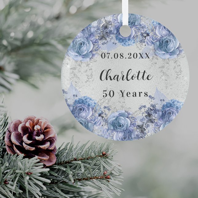 Birthday silver blue flowers glass tree decoration (For both birthday party table decor and for decorating the Christmas tree as a keepsake)