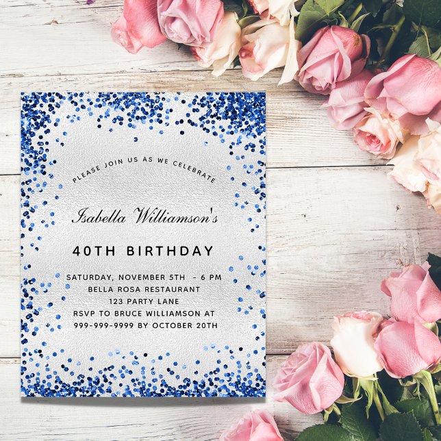 Birthday silver blue glitter budget invitation flyer (Creator Uploaded)