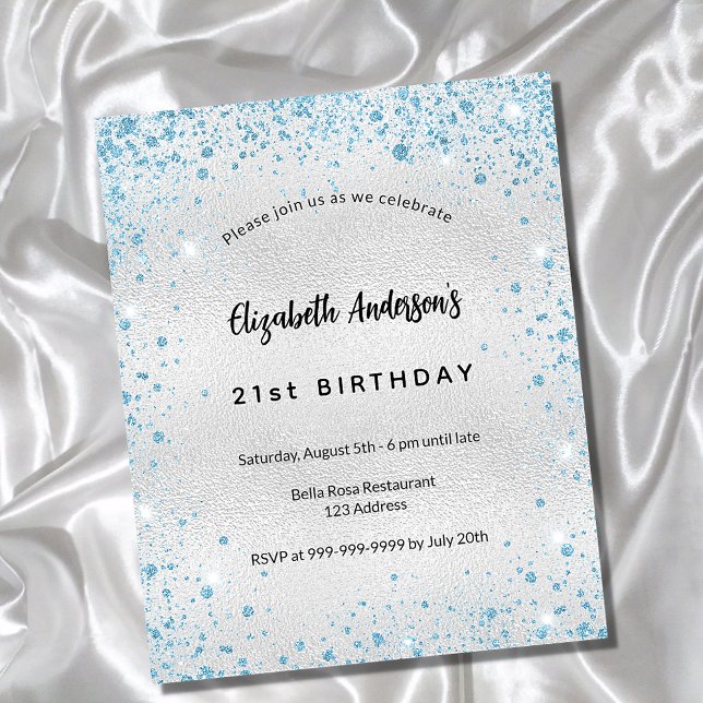 Birthday silver blue glitter budget invitation flyer (Creator Uploaded)
