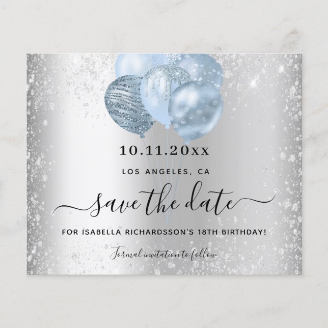 Birthday silver blue glitter budget save the date flyer (Front)