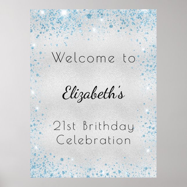 Birthday silver blue glitter dust name welcome poster (Front)