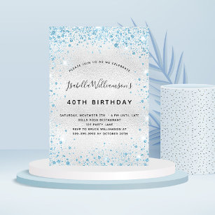 Birthday silver blue glitter sparkle elegant  invitation