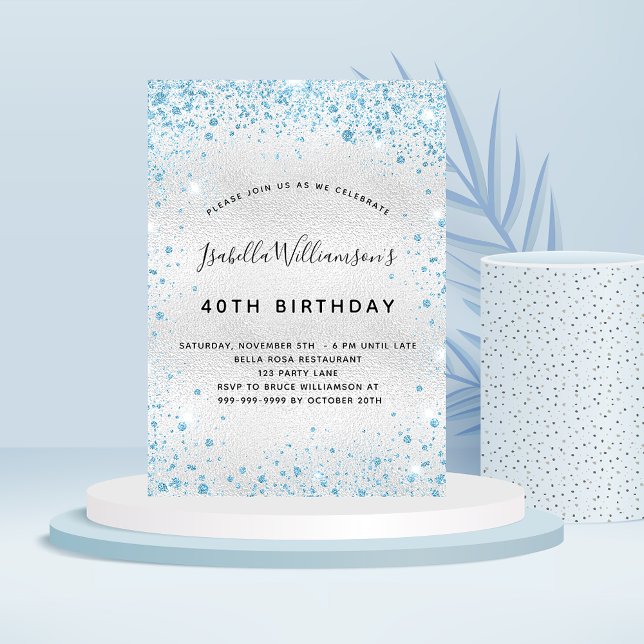 Birthday silver blue glitter sparkle elegant  invitation (Creator Uploaded)