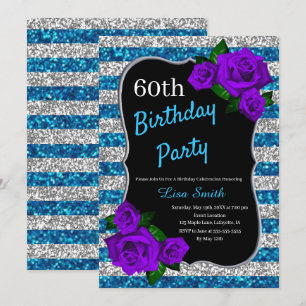 Birthday Silver Blue Stripes Glitter Purple Roses Invitation