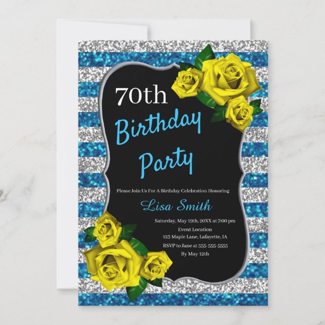 Birthday Silver Blue Stripes Glitter Yellow Roses Invitation (Front)