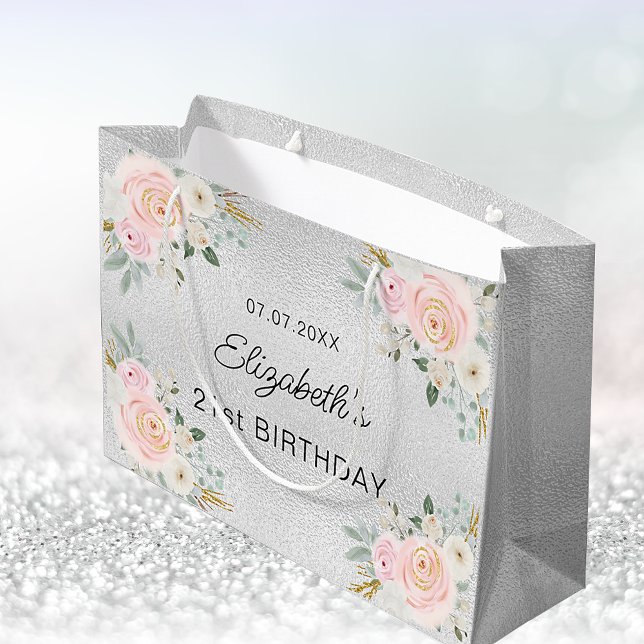 Birthday silver blush pink flowers large gift bag (Creator Uploaded)