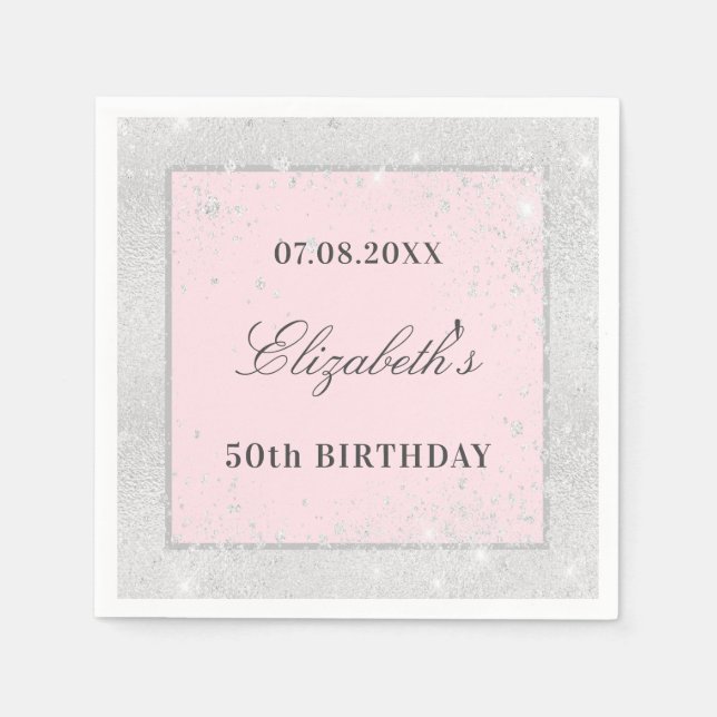 Birthday silver blush pink glitter napkin (Front)