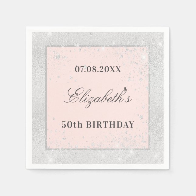 Birthday silver blush rose gold glitter dust napkin (Front)