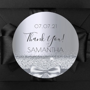 Birthday silver bow thank you classic round sticker