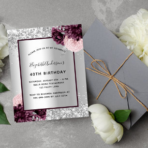 Birthday silver burgundy floral invitation