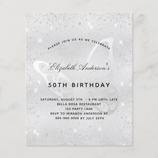 Birthday silver butterfly budget invitation flyer (Front)