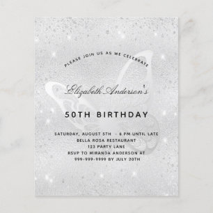 Birthday silver butterfly budget invitation flyer