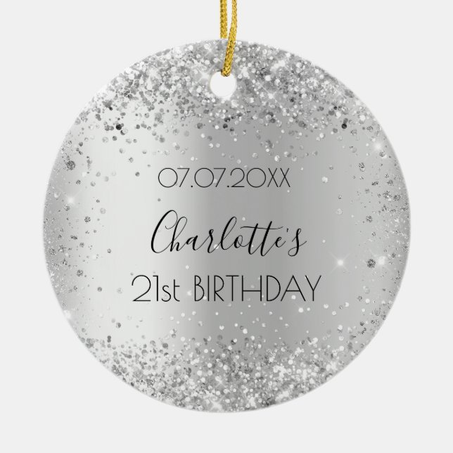 Birthday silver confetti name ceramic ornament (Front)