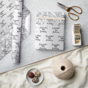 Birthday silver confetti sparkle name elegant wrapping paper