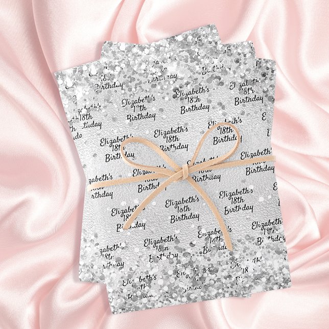 Birthday silver confetti sparkle name elegant wrapping paper sheet (Creator Uploaded)